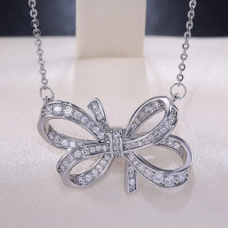 Luxury Female Big Bow Pendant Necklace Cute Silver Zircon Long Collares Necklace Fashion Bride Wedding 925 Necklaces for Women