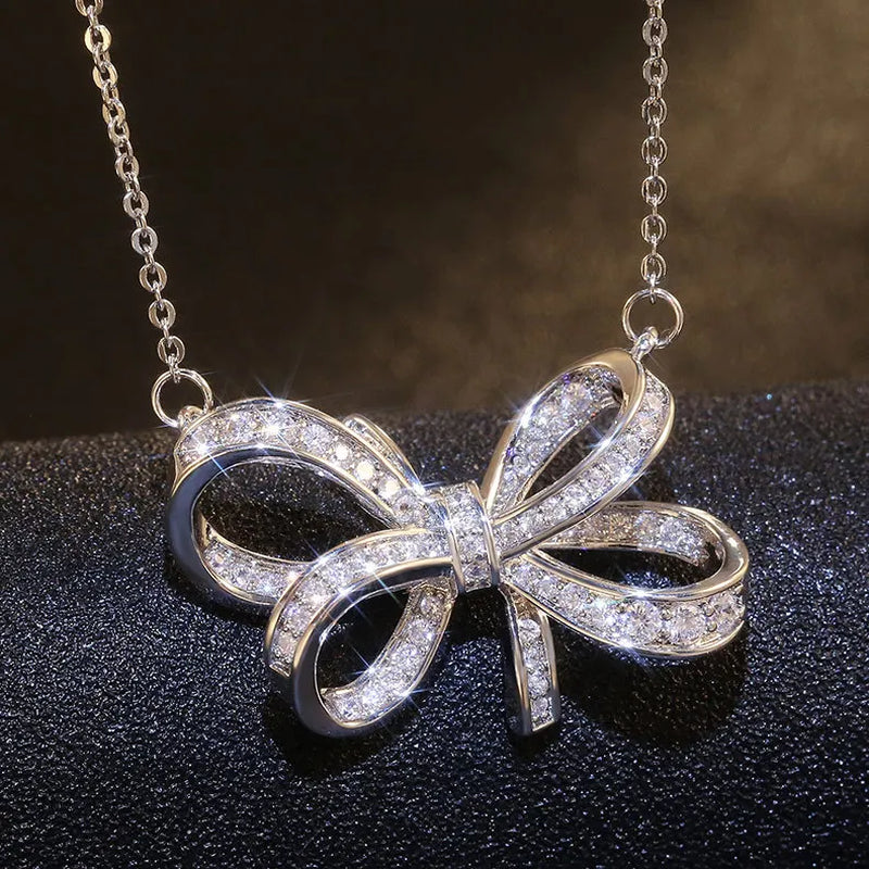 Luxury Female Big Bow Pendant Necklace Cute Silver Zircon Long Collares Necklace Fashion Bride Wedding 925 Necklaces for Women