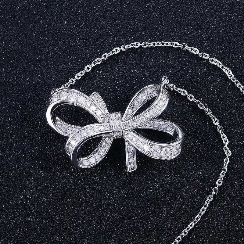 Luxury Female Big Bow Pendant Necklace Cute Silver Zircon Long Collares Necklace Fashion Bride Wedding 925 Necklaces for Women