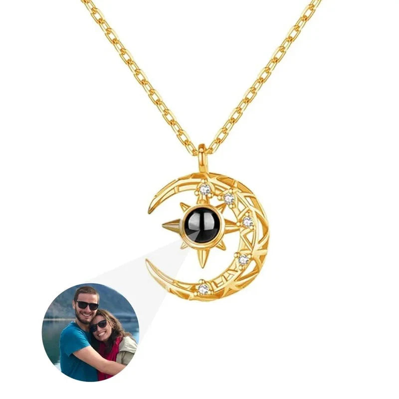 Projection Necklace Crescent Moon Pendant with Photo