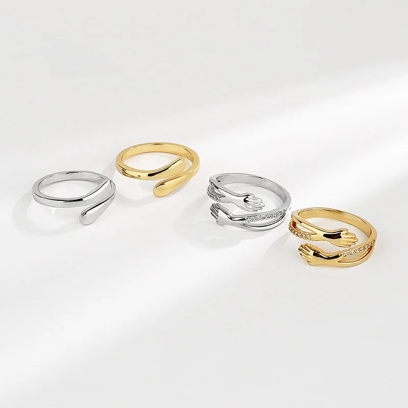Zircon Hug Rings for Women Stainless Steel Geometric Hug Couple Adjustable Ring Wedding Christmas Aesthetic Jewelry Gift Anillos