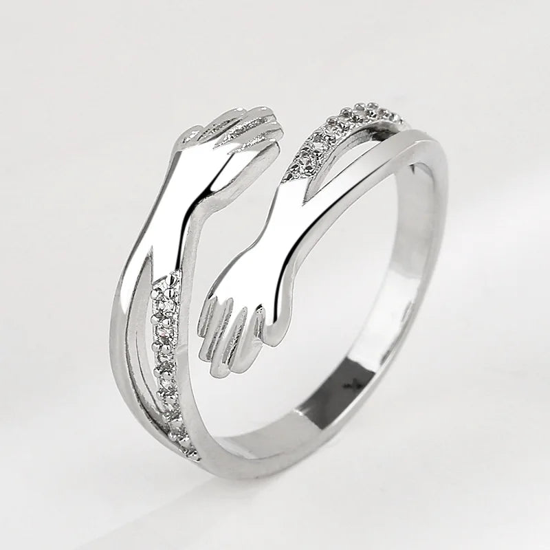 Zircon Hug Rings for Women Stainless Steel Geometric Hug Couple Adjustable Ring Wedding Christmas Aesthetic Jewelry Gift Anillos