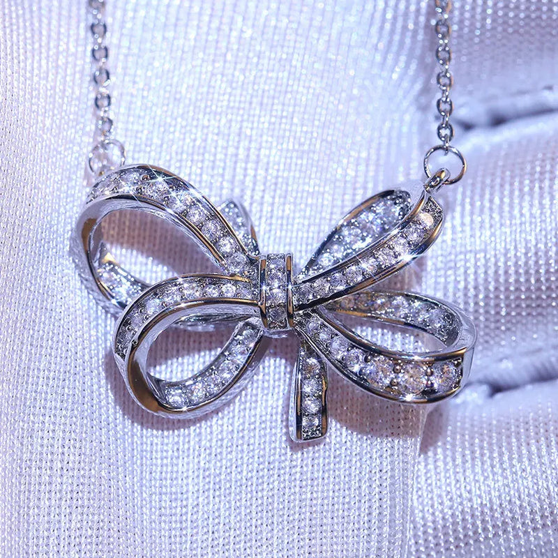 Luxury Female Big Bow Pendant Necklace Cute Silver Zircon Long Collares Necklace Fashion Bride Wedding 925 Necklaces for Women