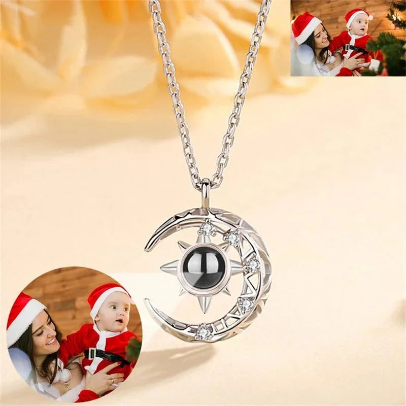 Projection Necklace Crescent Moon Pendant with Photo