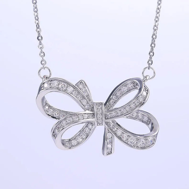 Luxury Female Big Bow Pendant Necklace Cute Silver Zircon Long Collares Necklace Fashion Bride Wedding 925 Necklaces for Women