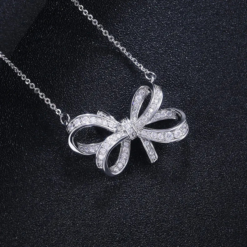 Luxury Female Big Bow Pendant Necklace Cute Silver Zircon Long Collares Necklace Fashion Bride Wedding 925 Necklaces for Women